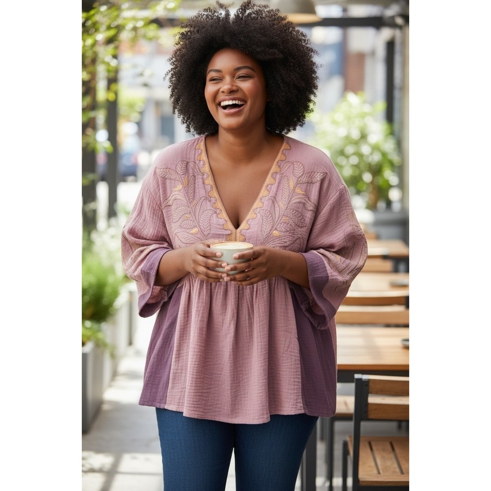 Veveret Mauve Embroidered Cotton Gauze Boho Tunic Blouse VT72159 Womens Medium